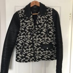 Mango Faux Leather Houndstooth Biker Jacket